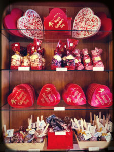 Chocolates in heart shaped boxes