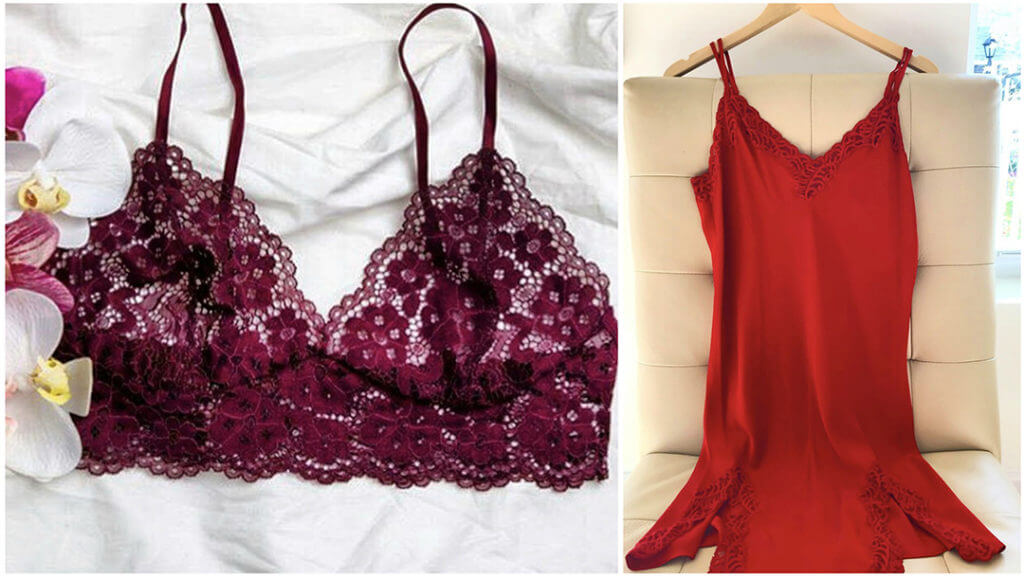 maroon laced bralette and red silk slip