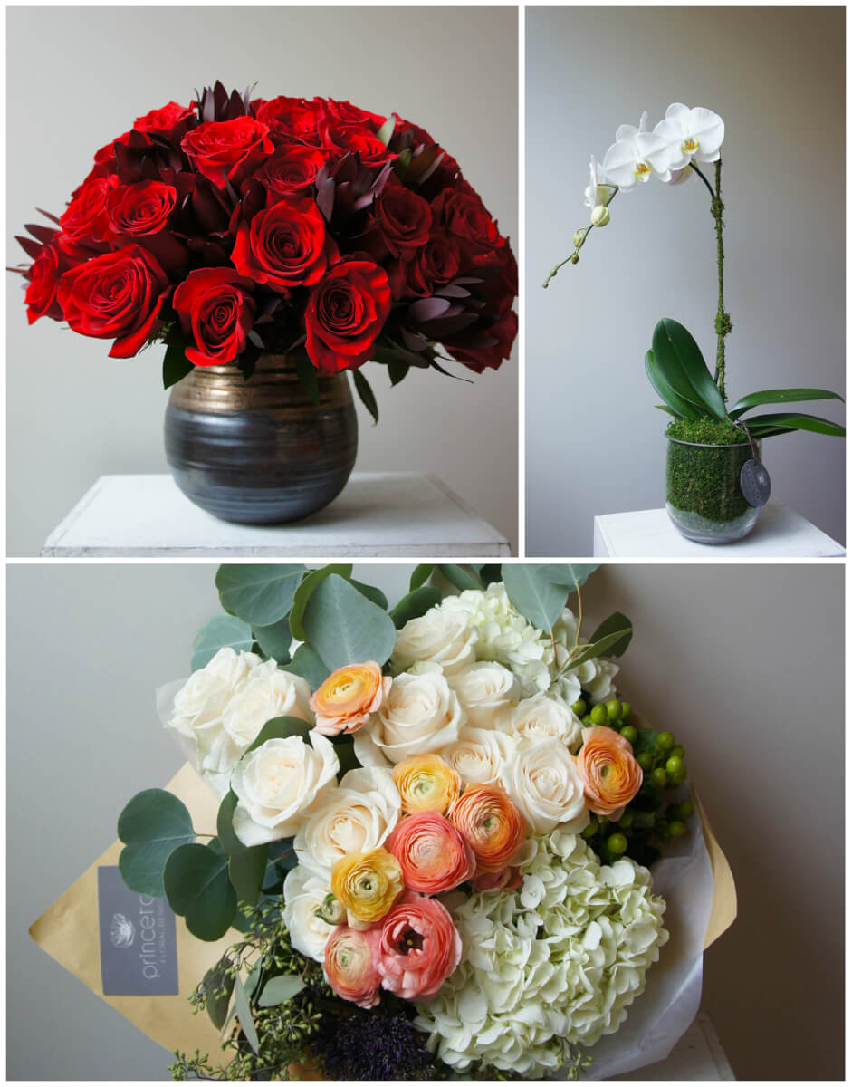 a collage of bouquets full of red roses and assorted flowers