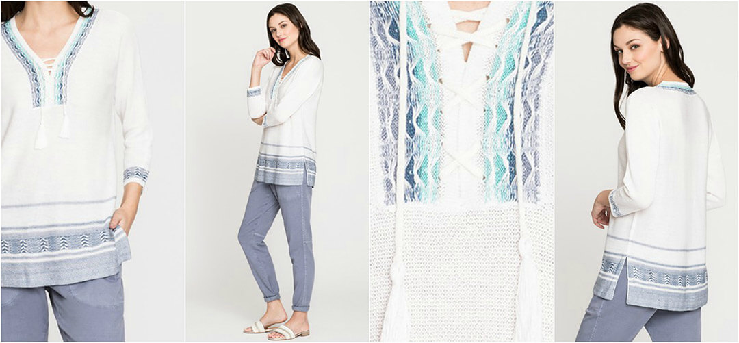 collage of white tropica shirt with blue stripes