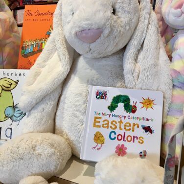 stuffed bunny holding an easter colors books