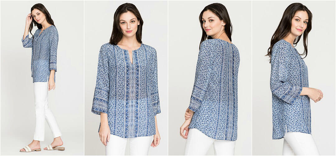 collage of flowy blue blouse